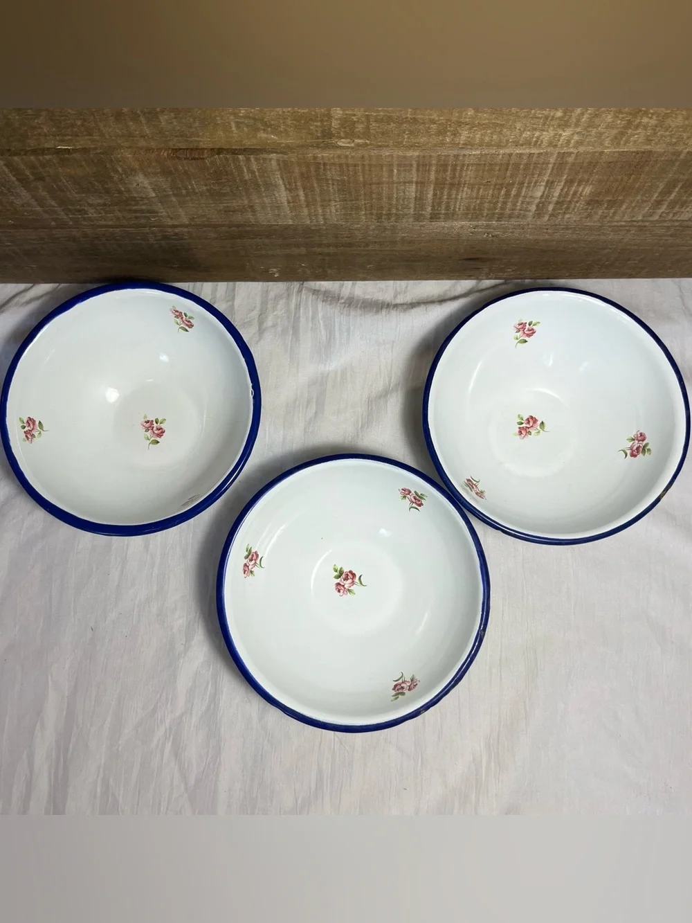 3 Vtg Robert Steffy Bagatelle Enamelware Bowls Shabby Rose Fly Insect Logo